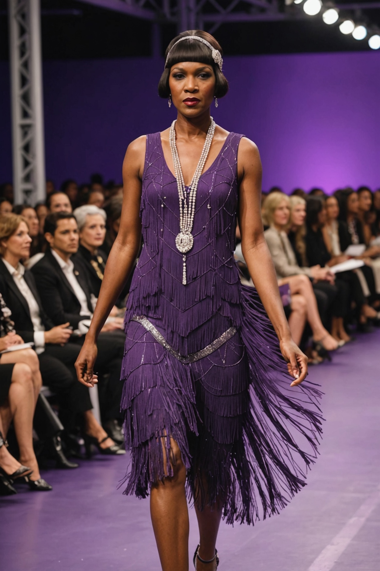AI fashion runway design | A flapper-inspired fringed dress with purple ...
